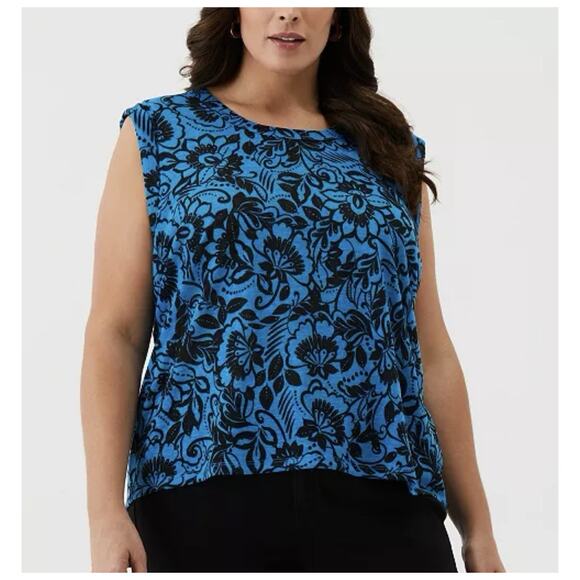 Ella Rafaella Plus Size Eco Floral Print Blue Cuffed Sleeveless Tank Size 1X - Picture 1 of 7